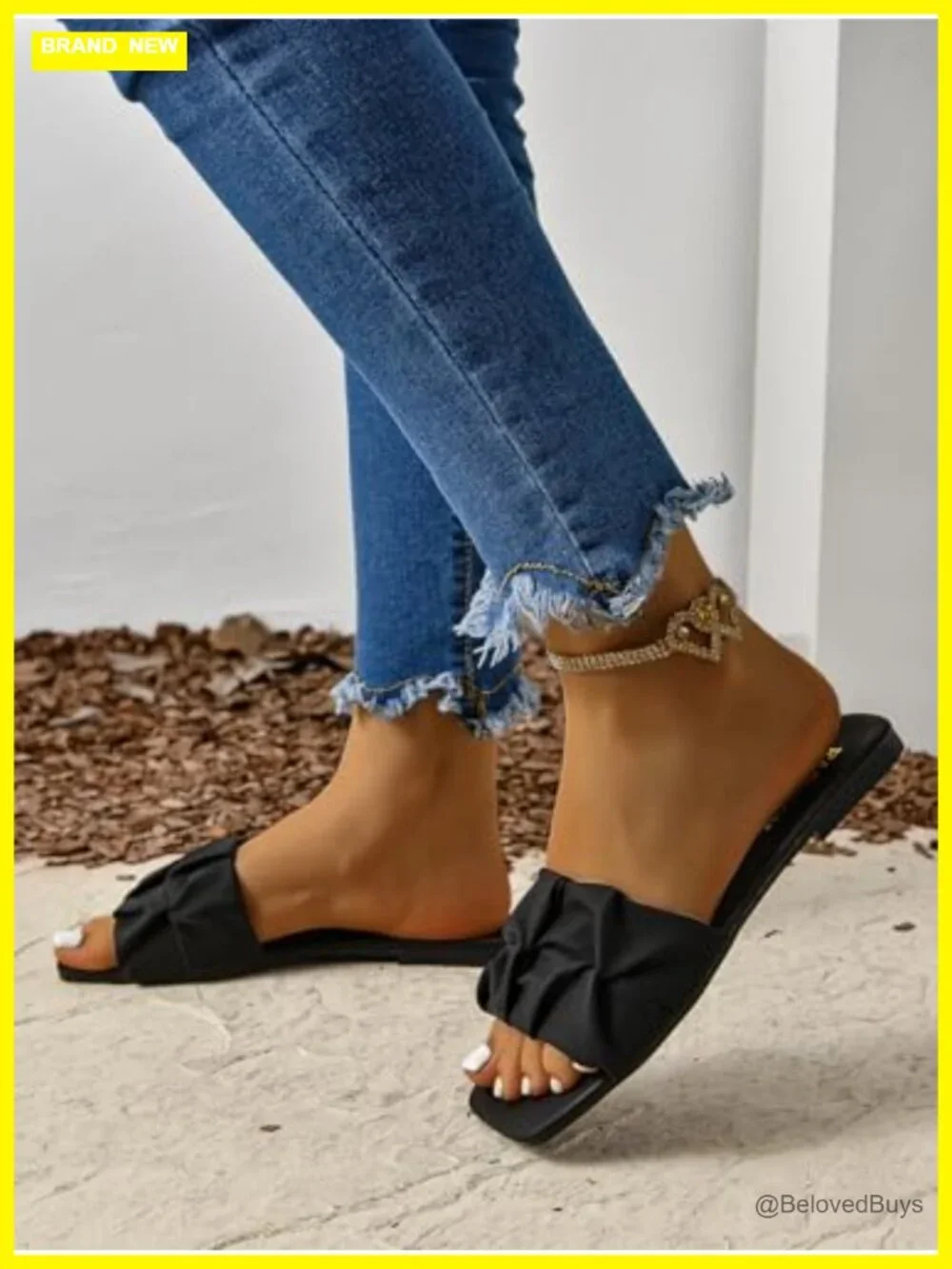 Women's Square Toe Slide Sandals Flat Ruched Design Slip On Comfortable